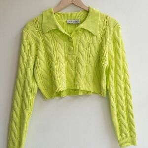 Milk White Long Sleeves Cropped Cable Knit Lime Polo Sweater
